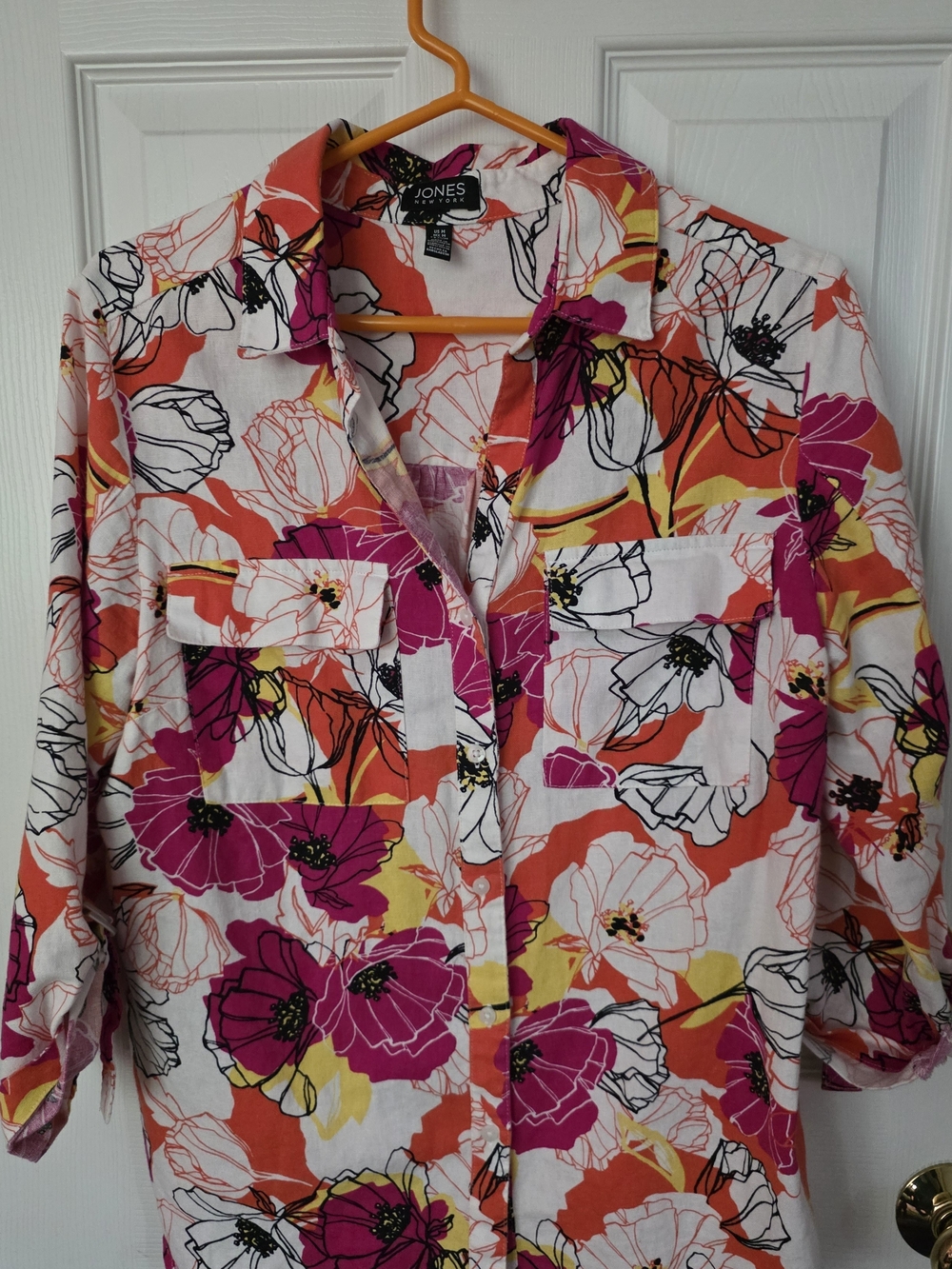 Jones New York Button-Front Floral Shirt in Pink, Orange & Yellow